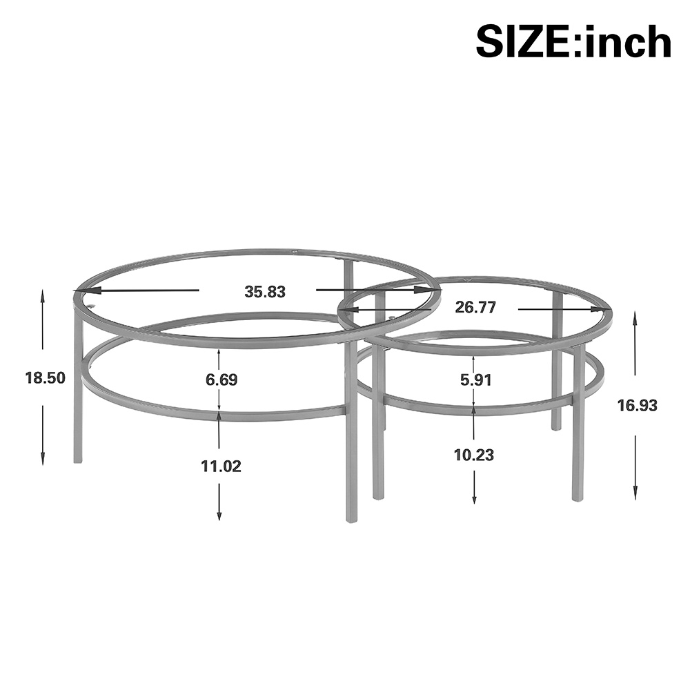 U-STYLE Glass Round Coffee Table Set of 2, with Metal Frame, for Kitchen, Restaurant, Office, Living Room, Cafe - Gold