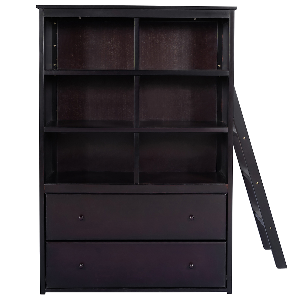 Twin-Over-Twin Size Bunk Bed Frame with Bookcase, Storage Drawers, and Wooden Slats Support, No Spring Box Required (Frame Only) - Espresso