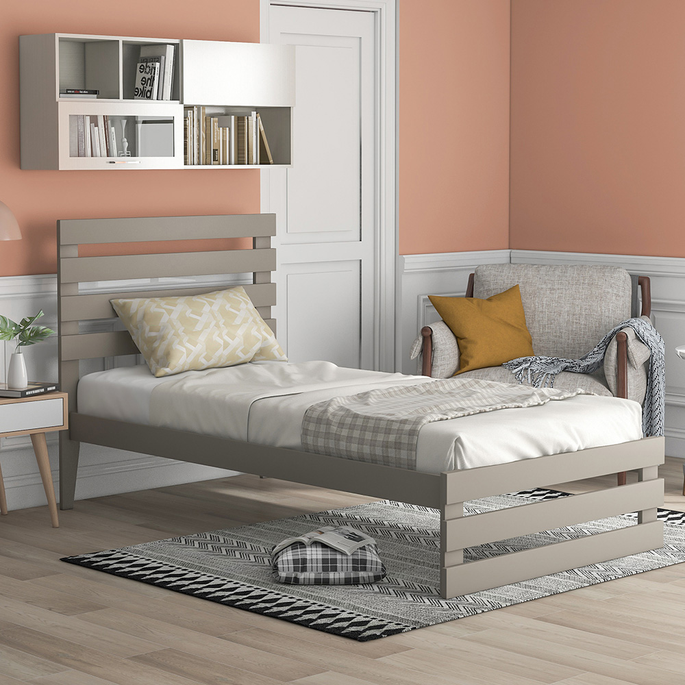 Twin-Size Platform Bed Frame with Headboard and Wooden Slats Support, No Box Spring Needed (Only Frame) - Gray