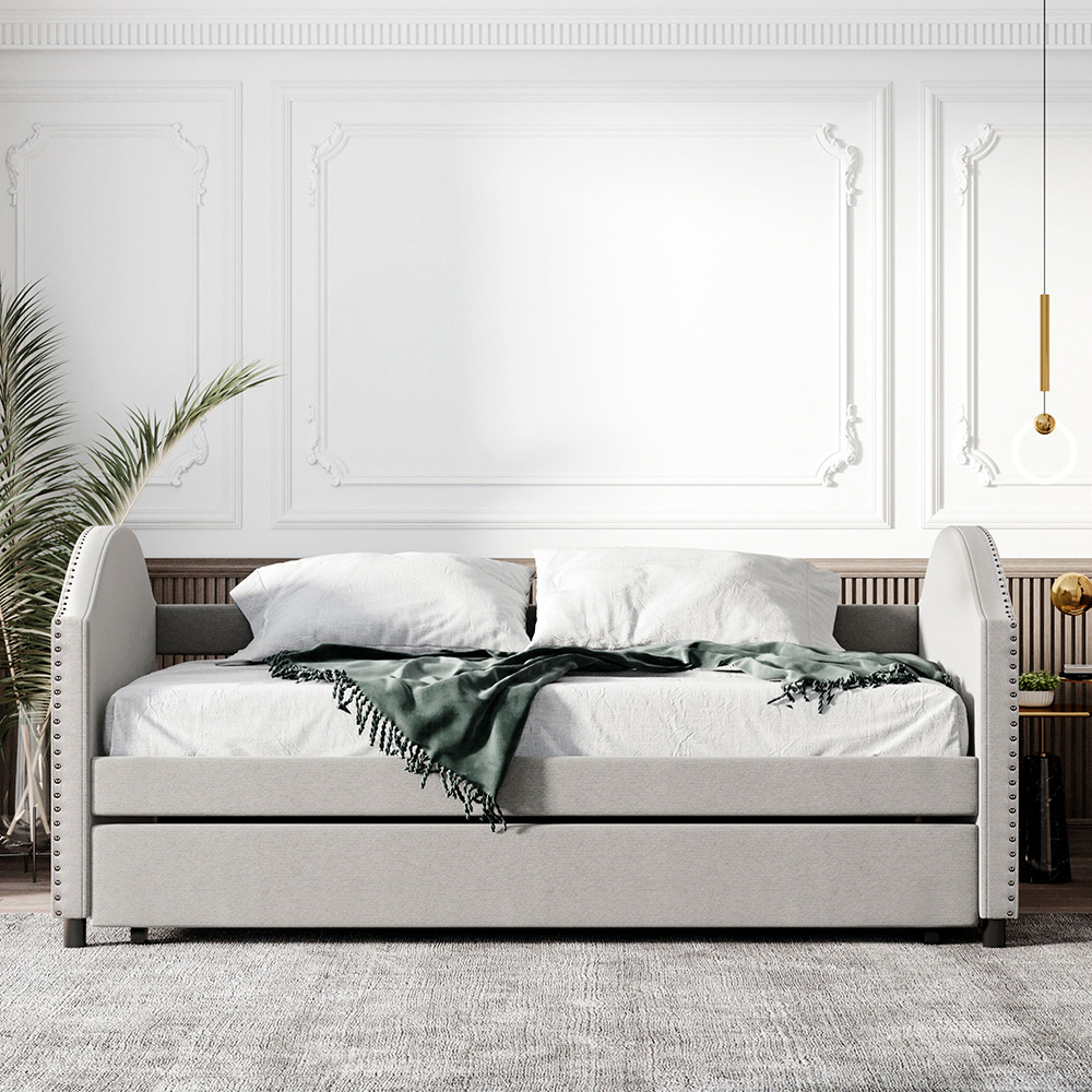 Full-Size Fabric Upholstered Daybed with Twin-Size Trundle Bed, and Wooden Slats Support, Space-saving Design, No Box Spring Needed - Beige