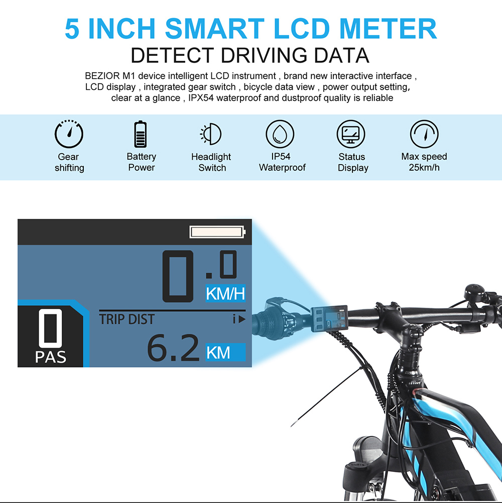 Vélo électrique BEZIOR M1 48V 12.5Ah Batterie 250W Moteur Brushless Pneu 27.5 pouces Cadre en alliage d'aluminium Shimano 7 vitesses Vitesse maximale 25km / h 80KM Kilométrage assisté Compteur LCD intelligent 5 pouces IP54 Étanche - Noir Bleu