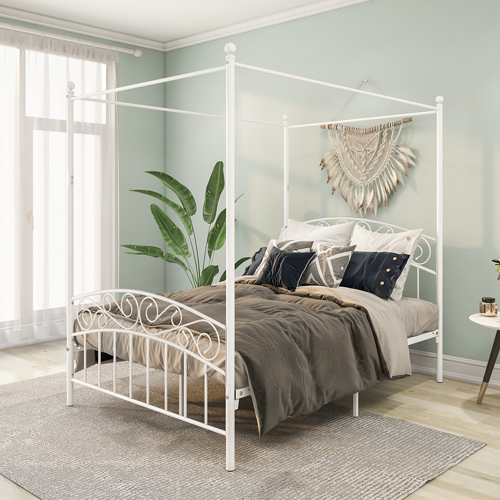 Queen-Size Canopy Metal Platform Bed Frame with 4 Pillars, Headboard and Metal Slats Support, No Box Spring Needed (Only Frame) - White