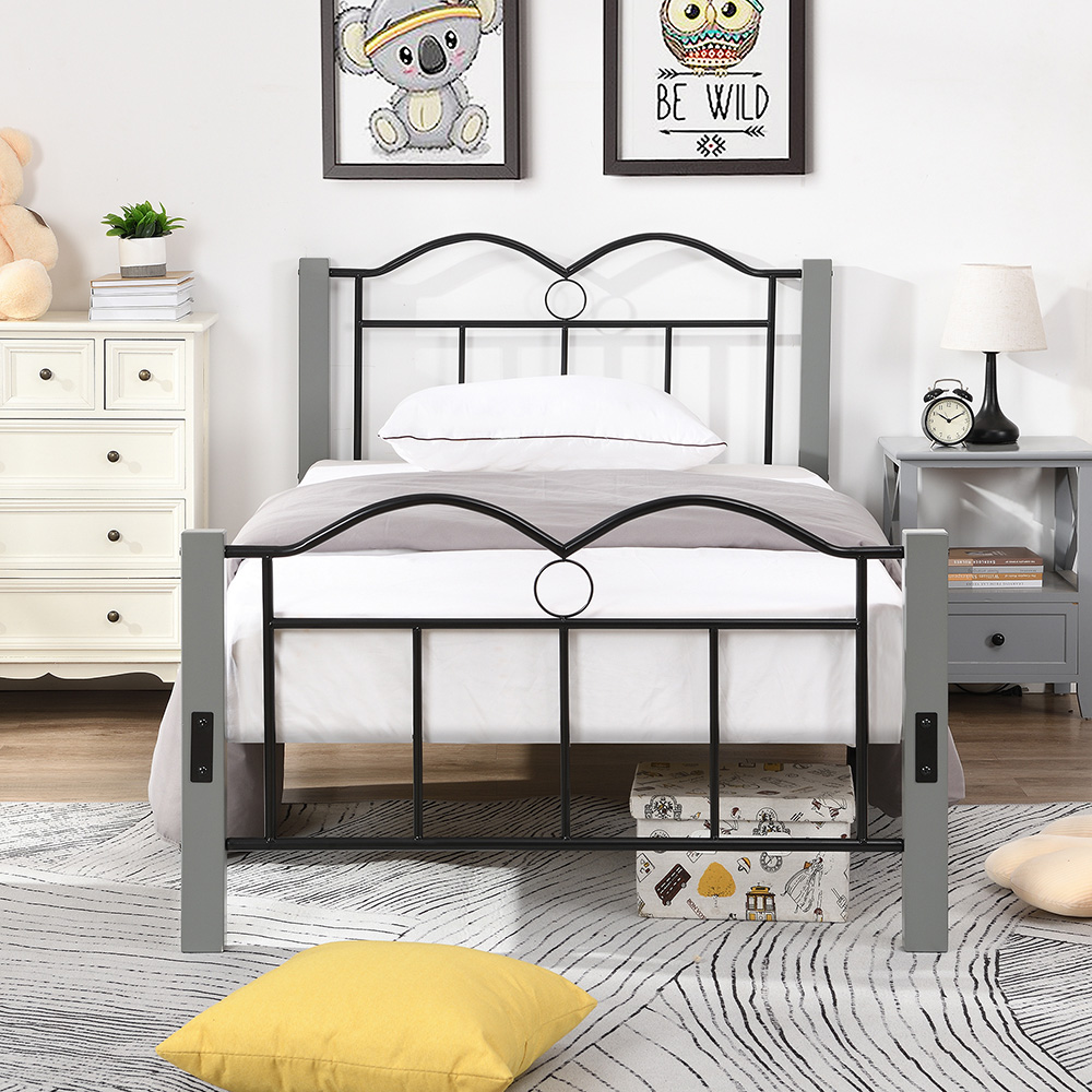 Twin-Size Metal Platform Bed Frame with Wooden Feet, and Steel Slats Support, No Box Spring Needed (Only Frame) - Gray
