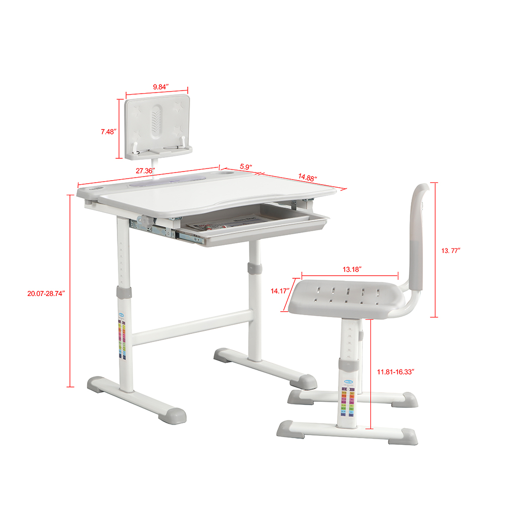 Adjustable Kids Study Table and Chair Set, with Tilt Tabletop, Reading Board and Pull-out Drawer - Gray