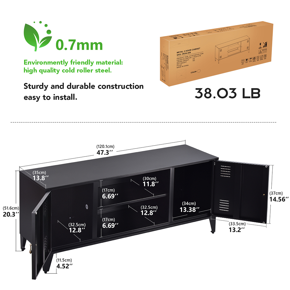 47" Metal TV Stand with 2 Storage Cabinets and Open Shelves, Suitable for Placing TVs Up to 55", for Living Room, Entertainment Center - Black