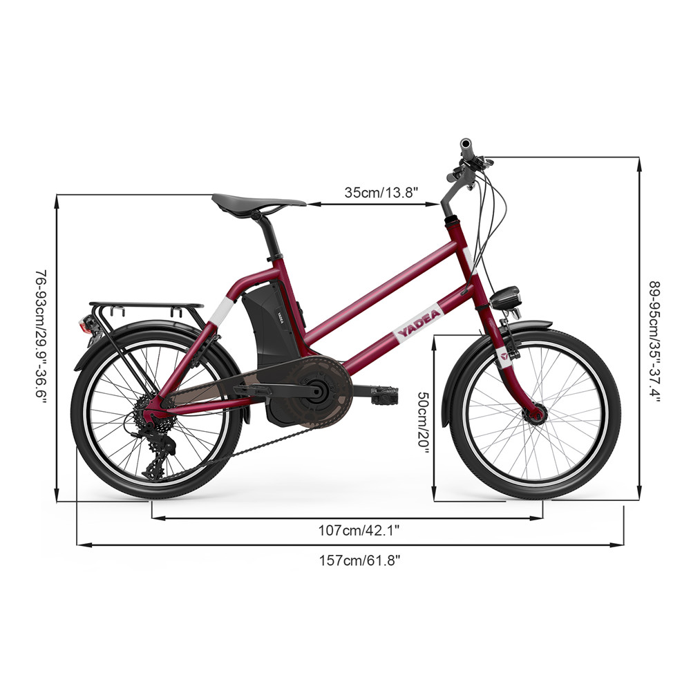 YADEA YT300 20 inch Touring Electric City Bike 350W OKAWA Mid Drive Motor SHIMANO 7-Speed Rear Derailleur 36V 7.8Ah Removable Battery 25km/h Max speed up to 60km Max Range LED Headlight - Red