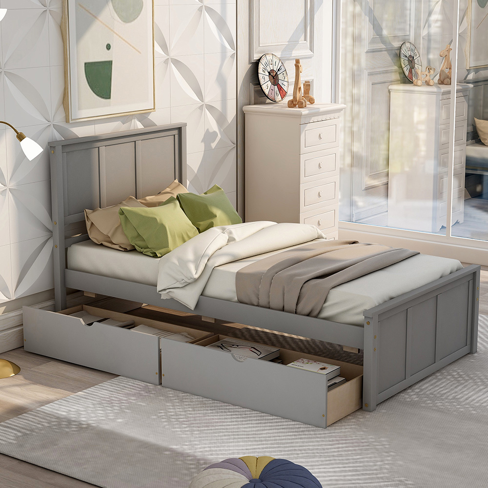 Twin-Size Platform Bed Frame with 2 Storage Drawers, Headboard and Wooden Slats Support, No Box Spring Needed (Only Frame) - Gray