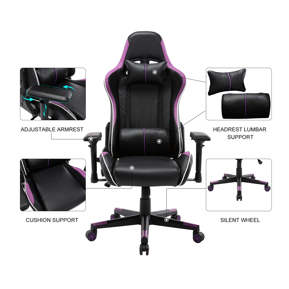 Home Office PU Leather Rotatable Gaming Chair Height Adjustable with Ergonomic High Backrest and Casters - Purple