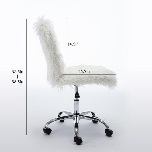 HengMing Faux Fur Swivel Chair Height Adjustable with Backrest and Casters for Living Room, Bedroom, Dining Room, Office - White