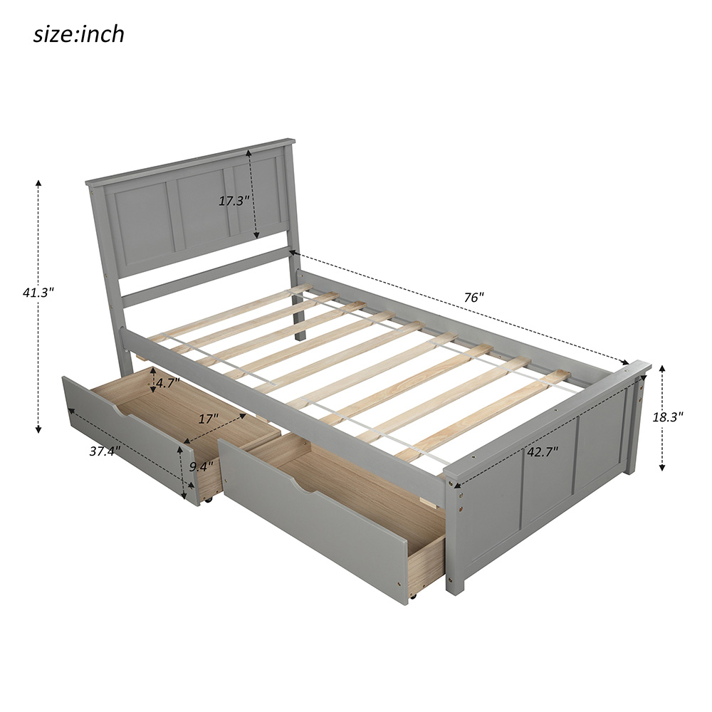 Twin-Size Platform Bed Frame with 2 Storage Drawers, Headboard and Wooden Slats Support, No Box Spring Needed (Only Frame) - Gray