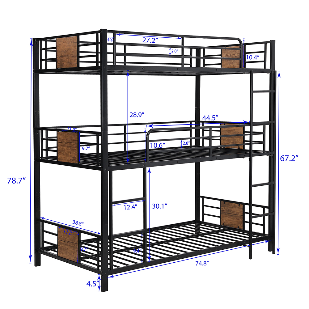 Twin-Size Triple Bed Frame with Ladder, and Metal Slats Support, No Spring Box Required (Frame Only) - Brown