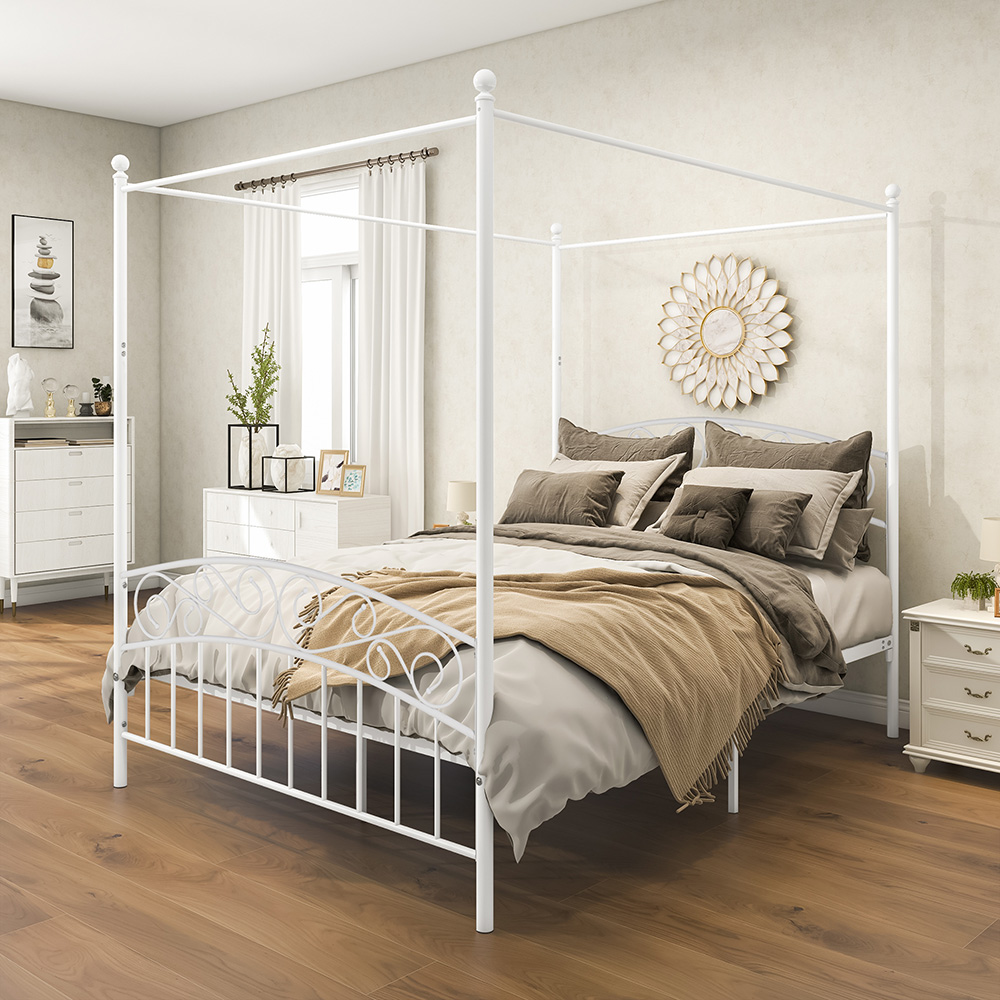 Queen-Size Canopy Metal Platform Bed Frame with 4 Pillars, Headboard and Metal Slats Support, No Box Spring Needed (Only Frame) - White