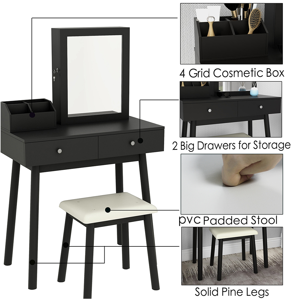 Multifunctional Dressing Table with Mirror, 2 Storage Drawers and Lockable Jewelry Cabinet - Black