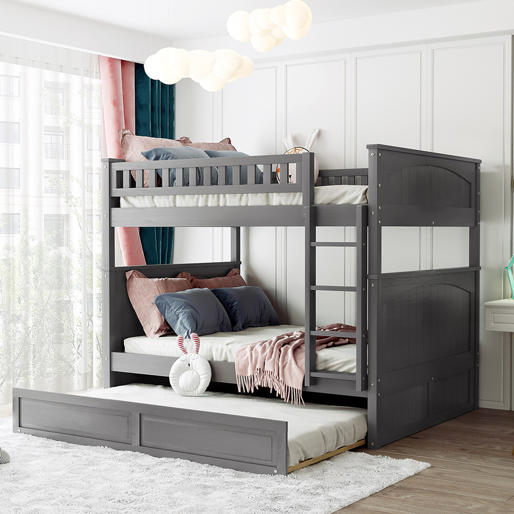 Full-Over-Full Size Bunk Bed Frame with Trundle Bed, and Wooden Slats Support, No Spring Box Required (Frame Only) - Gray