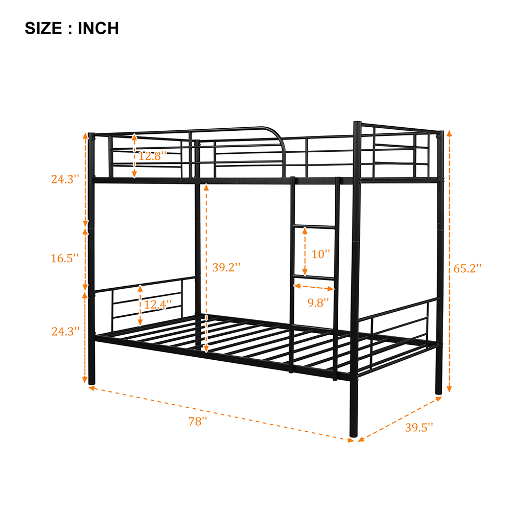 Twin-Over-Twin Size Bunk Bed Frame with Ladder, and Metal Slats Support, No Spring Box Required (Frame Only) - Black