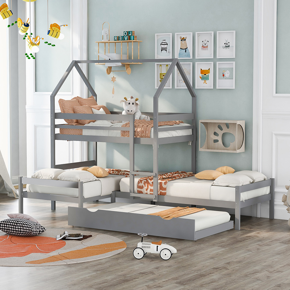 Twin-Over-Twin Size House-Shaped Bunk Bed Frame with Trundle Bed, and Wooden Slats Support, No Spring Box Required (Frame Only) - Gray