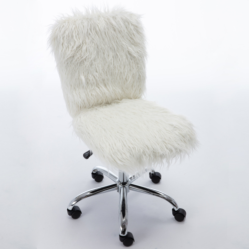 HengMing Faux Fur Swivel Chair Height Adjustable with Backrest and Casters for Living Room, Bedroom, Dining Room, Office - White