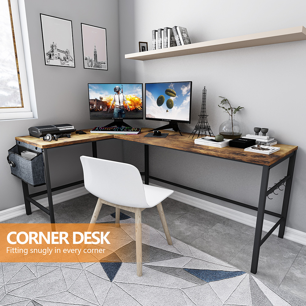 Home Office L-Shaped Computer Desk with Storage Bag, Wooden Tabletop and Metal Frame, for Game Room, Office, Study Room - Brown
