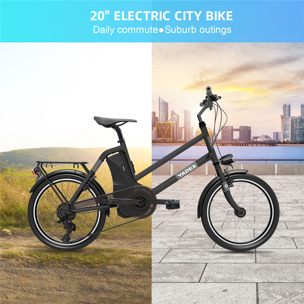 YADEA T300 20 inch Touring Electric City Bike 350W OKAWA Mid Drive Motor SHIMANO 7-Speed Rear Derailleur 36V 7.8Ah Removable Battery 25km/h Max speed up to 60km Max Range LED Headlight - Black