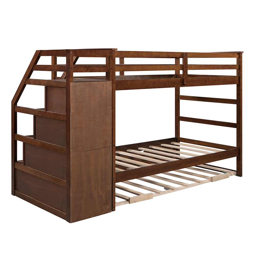 TwinOverTwin Size Bunk Bed Frame with Trundle Bed Walnut