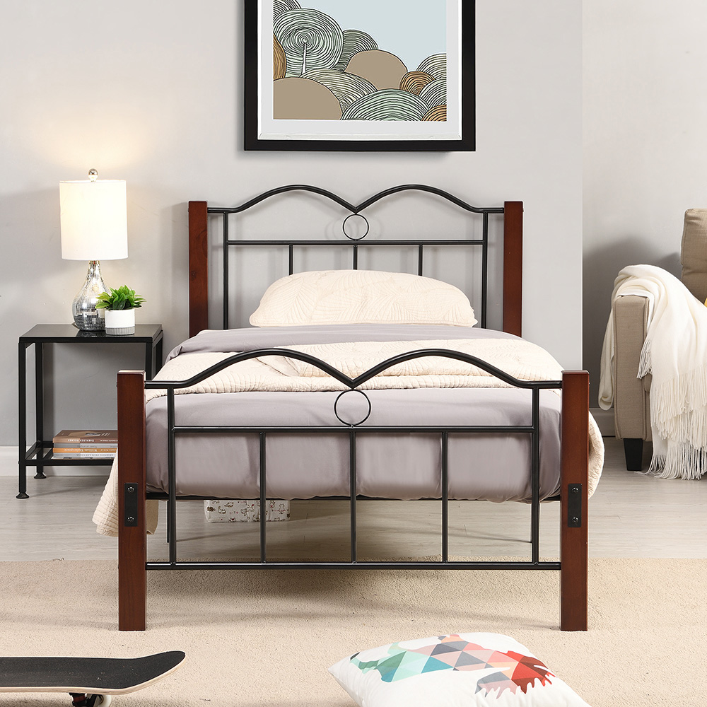Twin-Size Metal Platform Bed Frame with Wooden Feet, and Steel Slats Support, No Box Spring Needed (Only Frame) - Brown