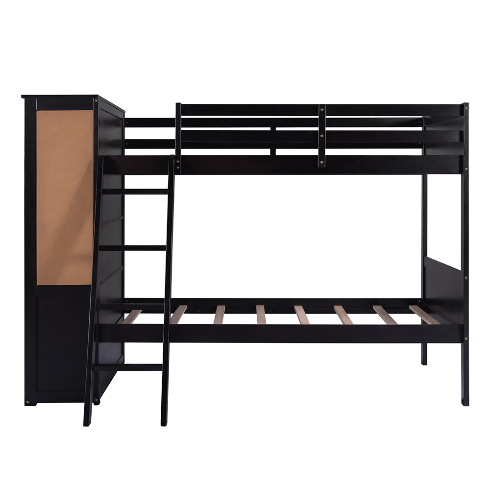 Twin-Over-Twin Size Bunk Bed Frame with Bookcase, Storage Drawers, and Wooden Slats Support, No Spring Box Required (Frame Only) - Espresso