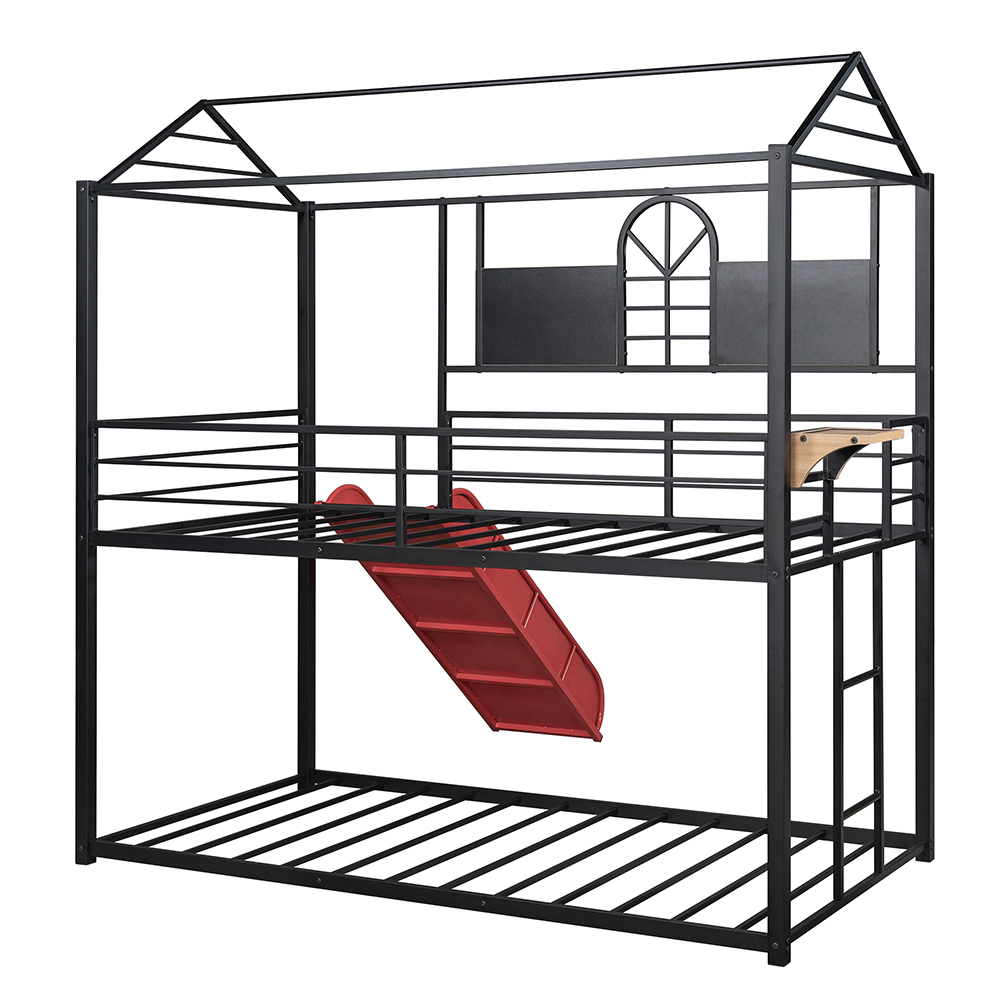 Twin-Over-Twin Size Bunk Bed Frame with Slide, Ladder, and Metal Slats Support, No Spring Box Required (Frame Only) - Black + Red