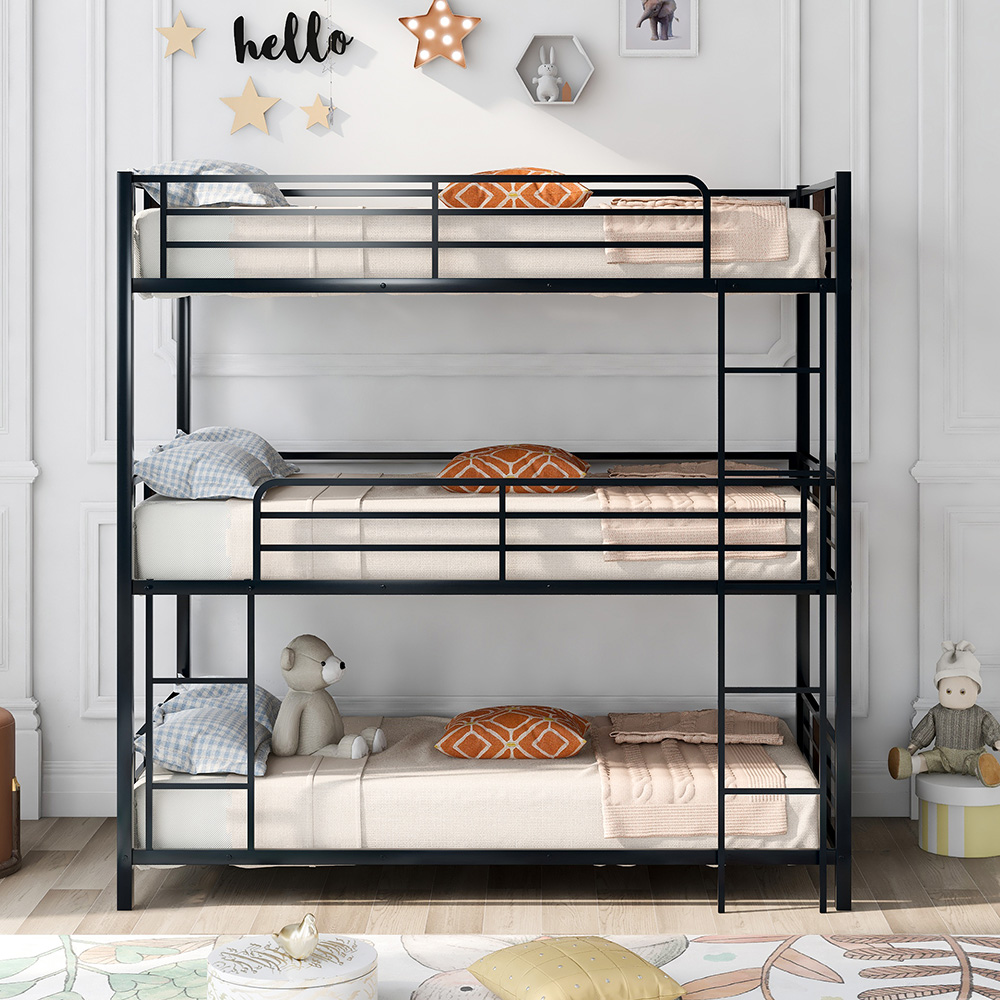 Twin-Size Triple Bed Frame with Ladder, and Metal Slats Support, No Spring Box Required (Frame Only) - Brown