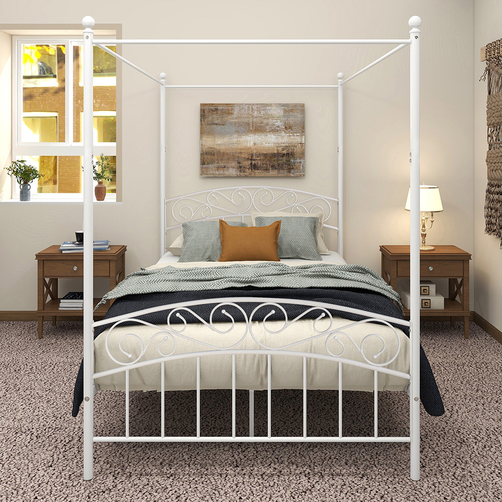 Queen-Size Canopy Metal Platform Bed Frame with 4 Pillars, Headboard and Metal Slats Support, No Box Spring Needed (Only Frame) - White