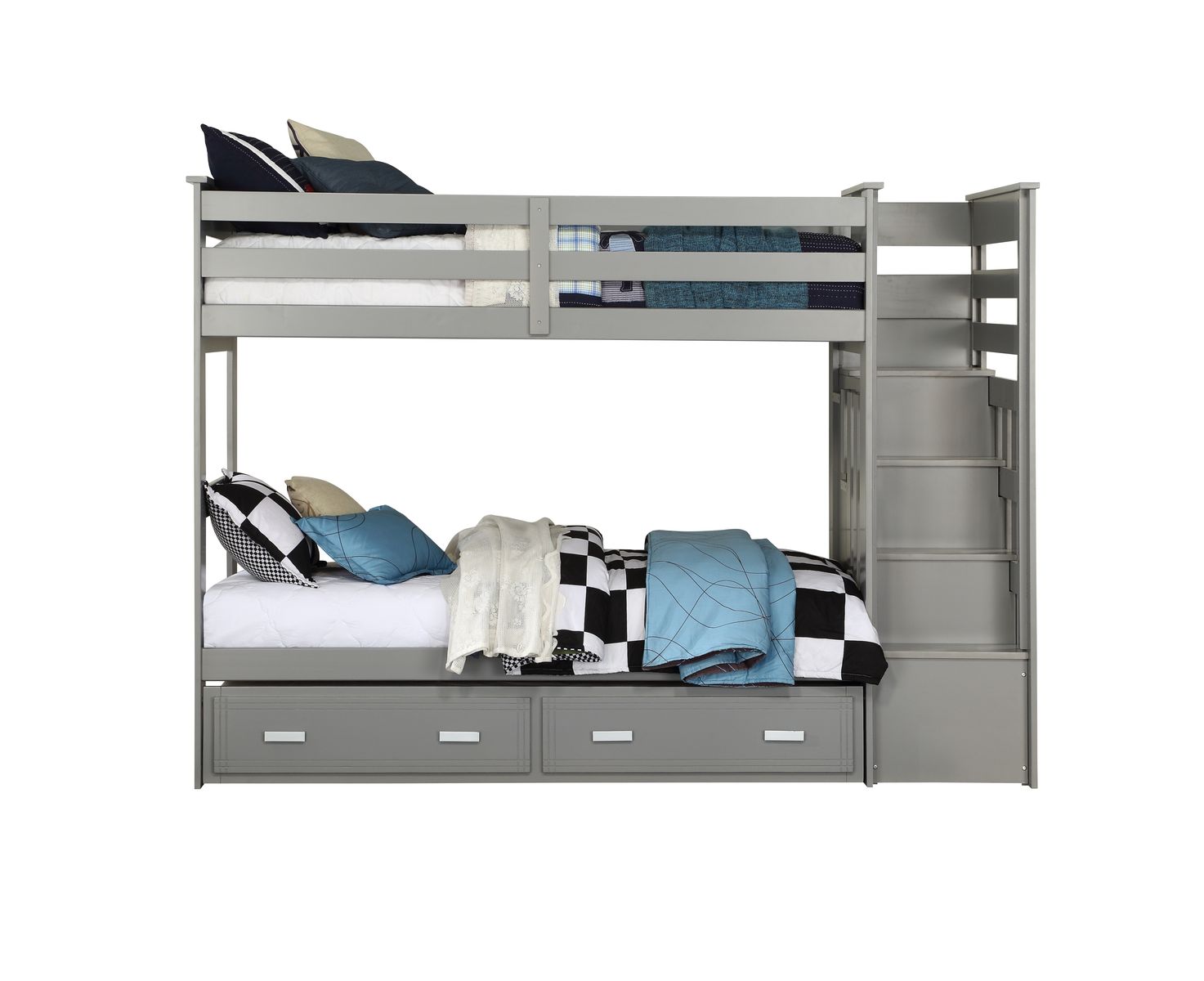 ACME Allentown Twin-Over-Twin Size Bunk Bed Frame with Trundle Bed, Storage Drawers, and Wooden Slats Support, No Spring Box Required (Frame Only) - Gray