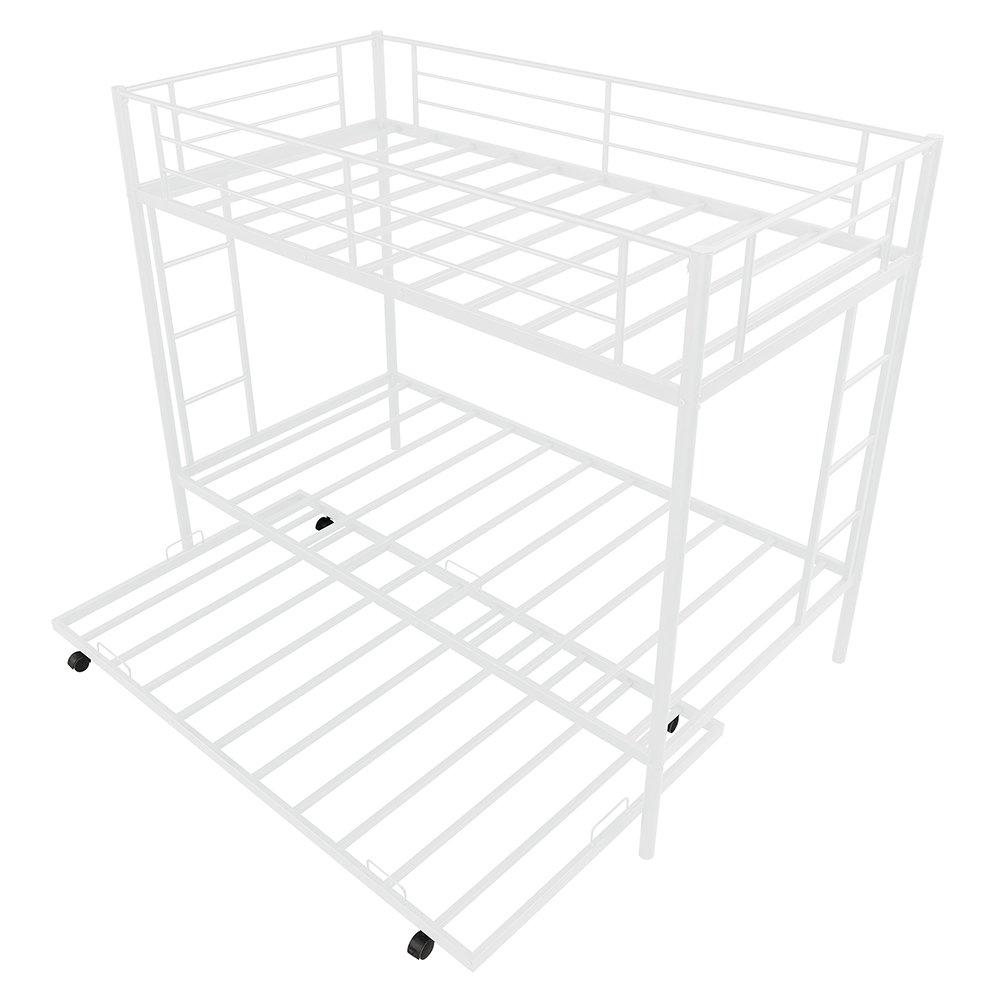 Twin-Over-Twin Size Bunk Bed Frame with Trundle Bed, Ladder, and Metal Slats Support, No Spring Box Required (Frame Only) - White