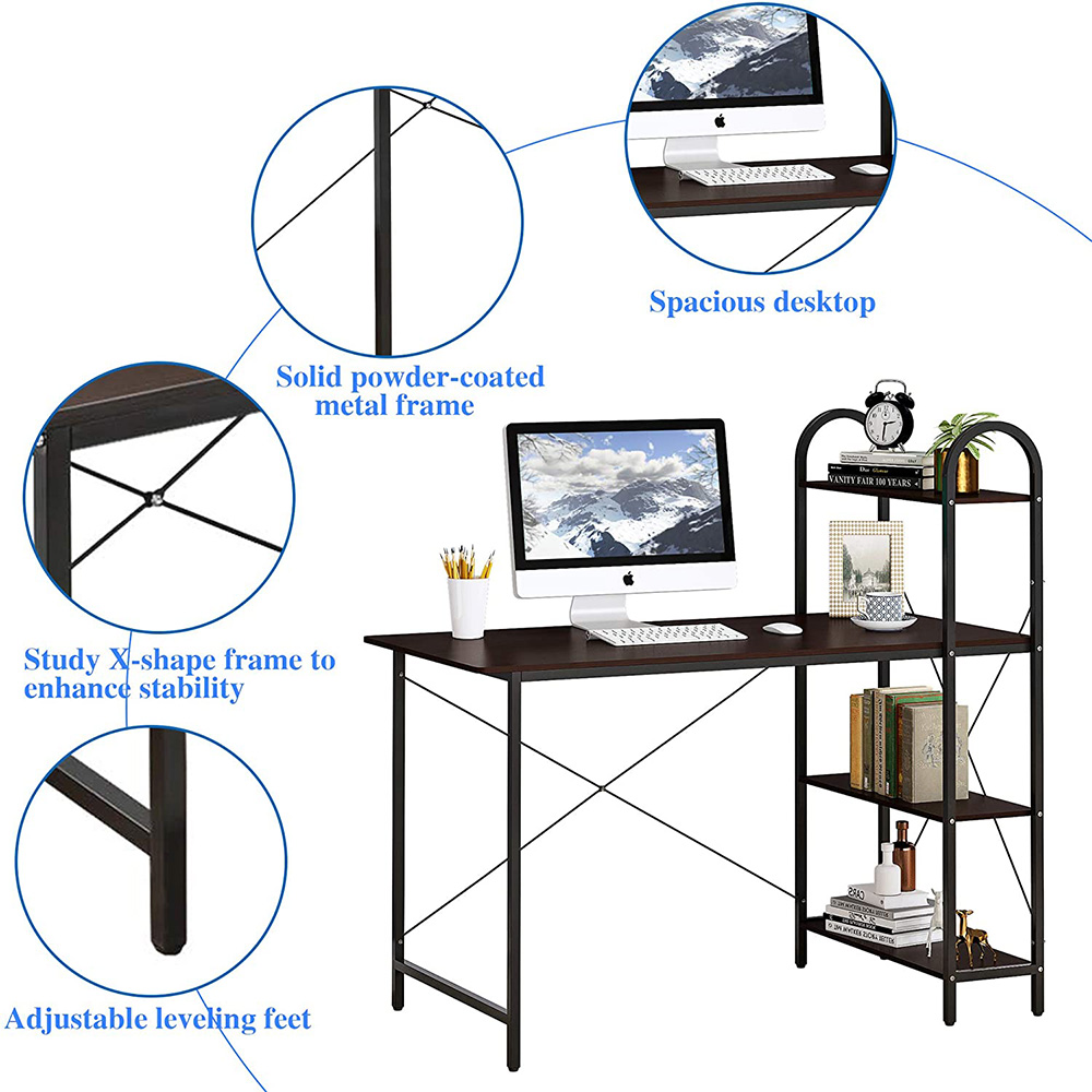Home Office 47" Computer Desk with Storage Shelves, Wooden Tabletop and Metal Frame, for Game Room, Office, Study Room - Black