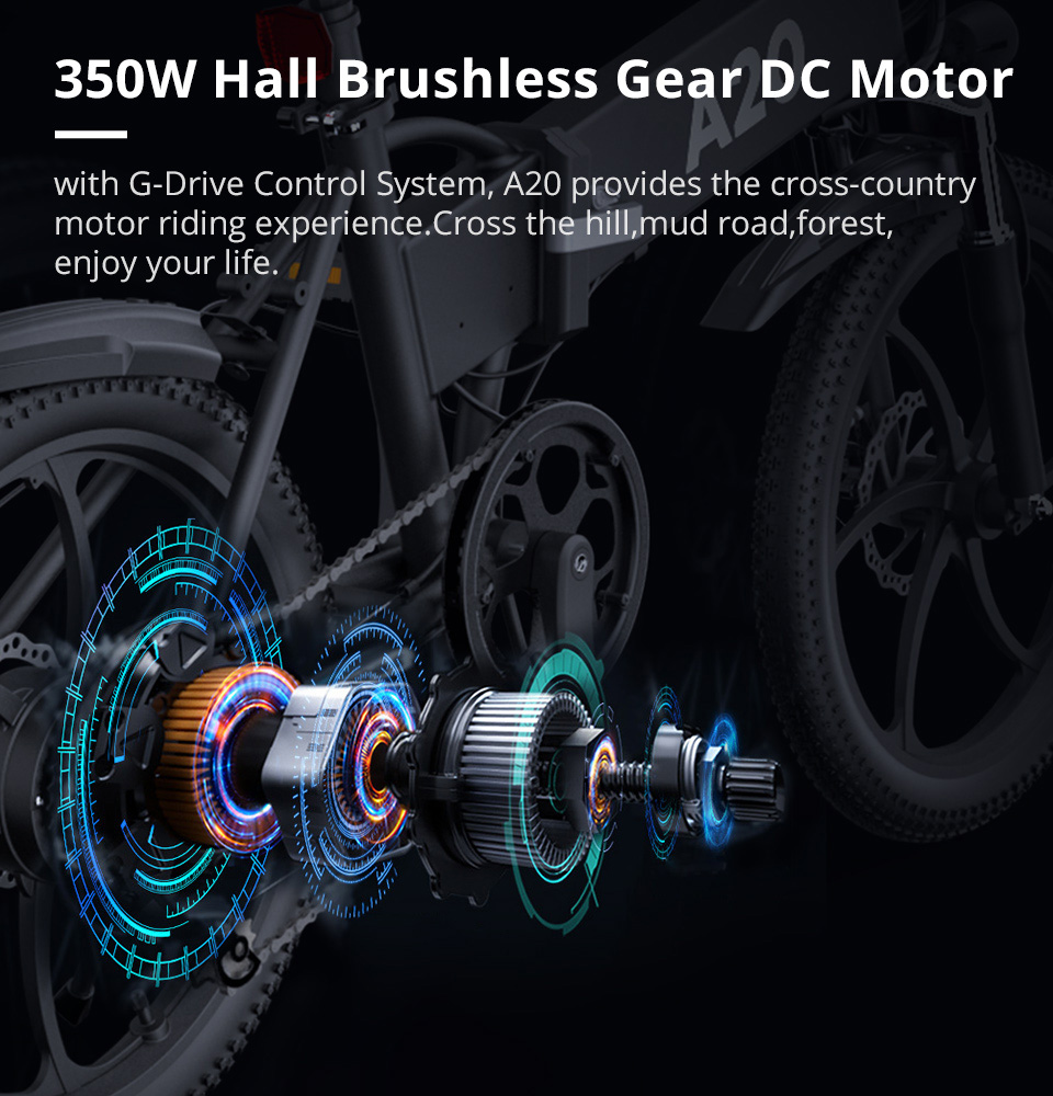 ADO A20 Electric Folding Bike 20 inch City Bicycle 350W Hall Brushless Gear DC Motor SHIMANO 7-Speed Rear Derailleur 36V 10.4Ah Removable Battery 35km/h Max speed up to 60km Max Range IPX5 Double Shock-absorption LED Headlight Aluminum alloy Frame - Black