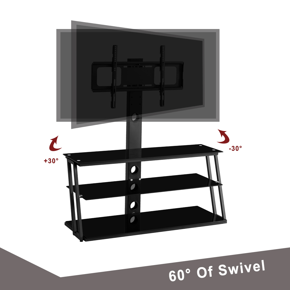 41" Tempered Glass TV Stand with Storage Shelves, Angle and Height Adjustable, for Living Room, Entertainment Center - Black