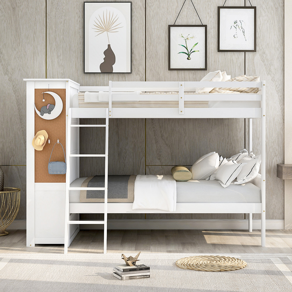 Twin-Over-Twin Size Bunk Bed Frame with Bookcase, Storage Drawers, and Wooden Slats Support, No Spring Box Required (Frame Only) - White