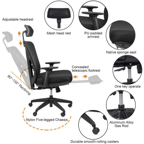 Art Life Reclining Mesh Office Chair Height Adjustable with Ergonomic High Backrest and Hidden Footrest - Black