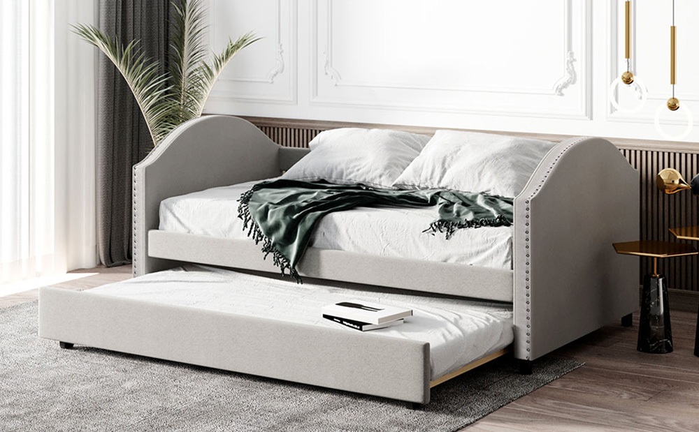 Full-Size Fabric Upholstered Daybed with Twin-Size Trundle Bed, and Wooden Slats Support, Space-saving Design, No Box Spring Needed - Beige