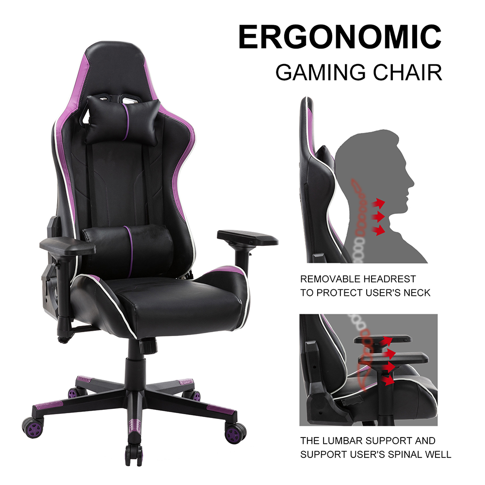 Home Office PU Leather Rotatable Gaming Chair Height Adjustable with Ergonomic High Backrest and Casters - Purple