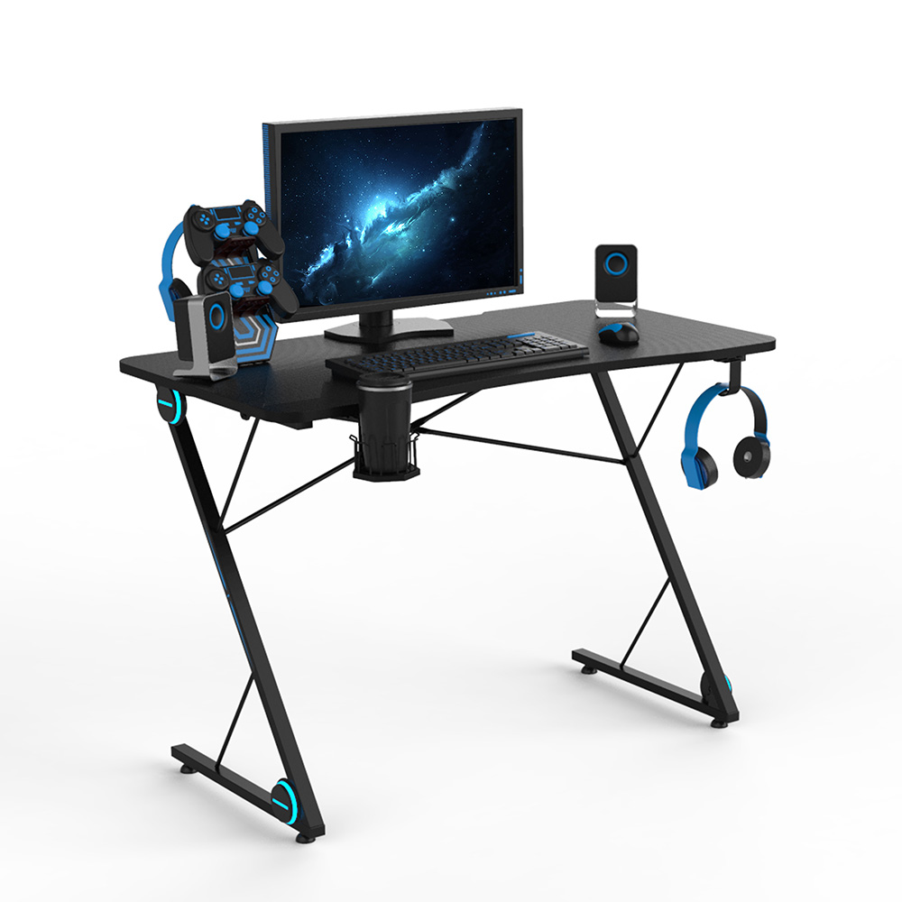 Home Office 43" Computer Desk with LED Lights, Large Carbon Fiber Surface and Z-Shaped Legs, for Game Room, Office, Study Room - Black