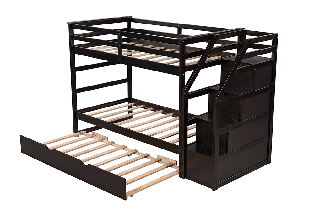 Twin-Over-Twin Size Bunk Bed Frame with Trundle Bed, 3 Storage Stairs, and Wooden Slats Support, No Spring Box Required (Frame Only) - Espresso