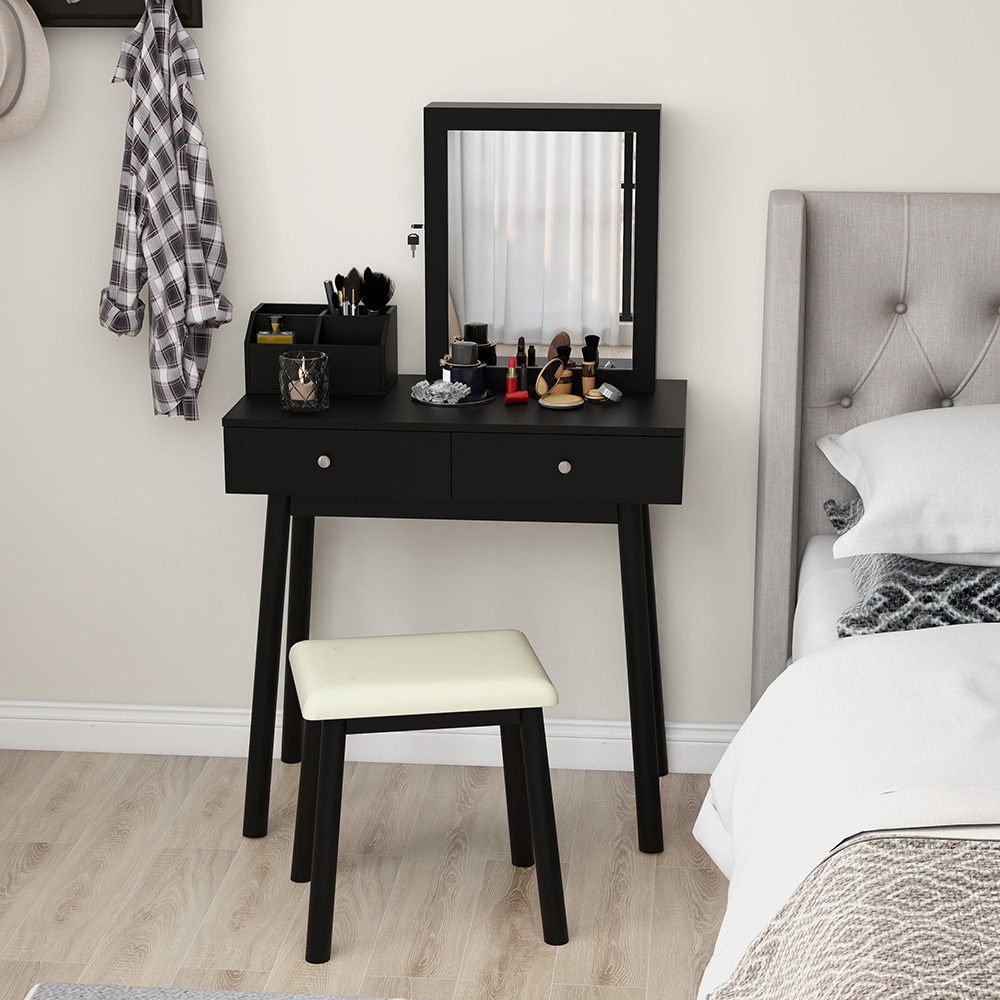 Multifunctional Dressing Table with Mirror, 2 Storage Drawers and Lockable Jewelry Cabinet - Black