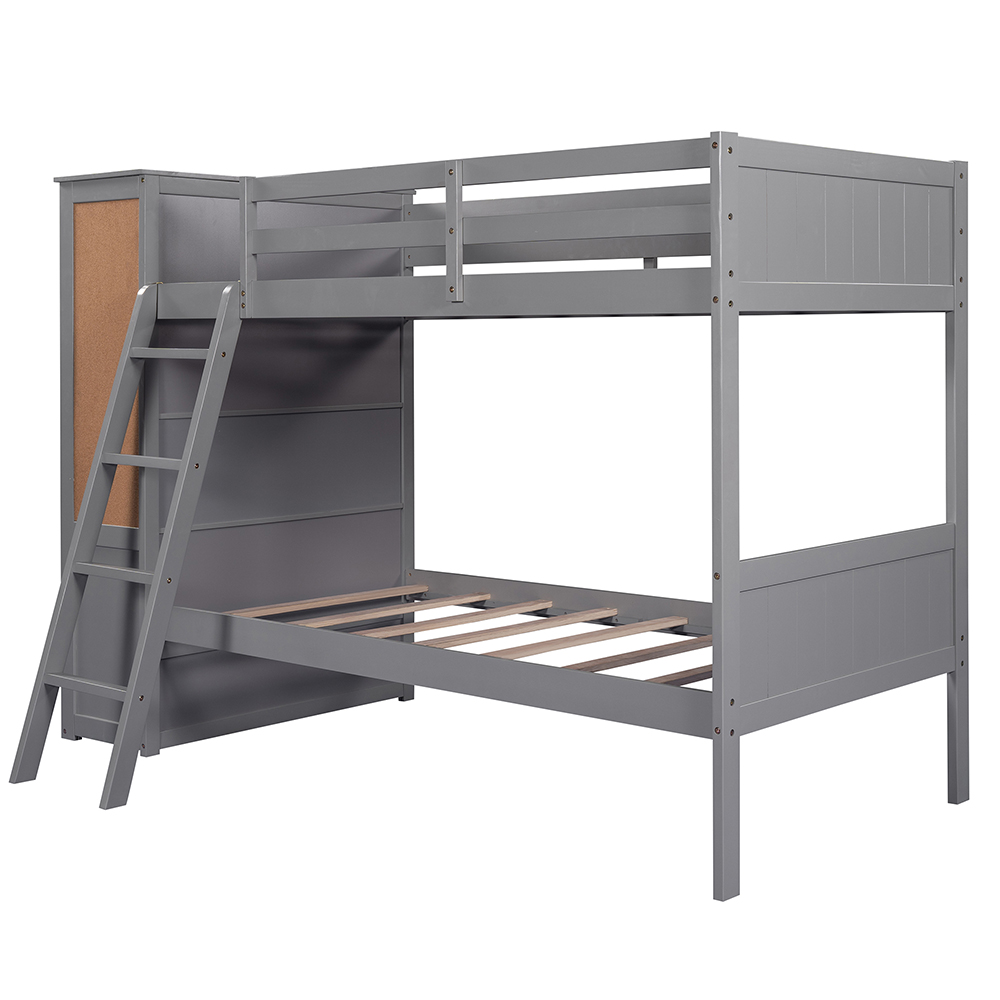 Twin-Over-Twin Size Bunk Bed Frame with Bookcase, Storage Drawers, and Wooden Slats Support, No Spring Box Required (Frame Only) - Gray