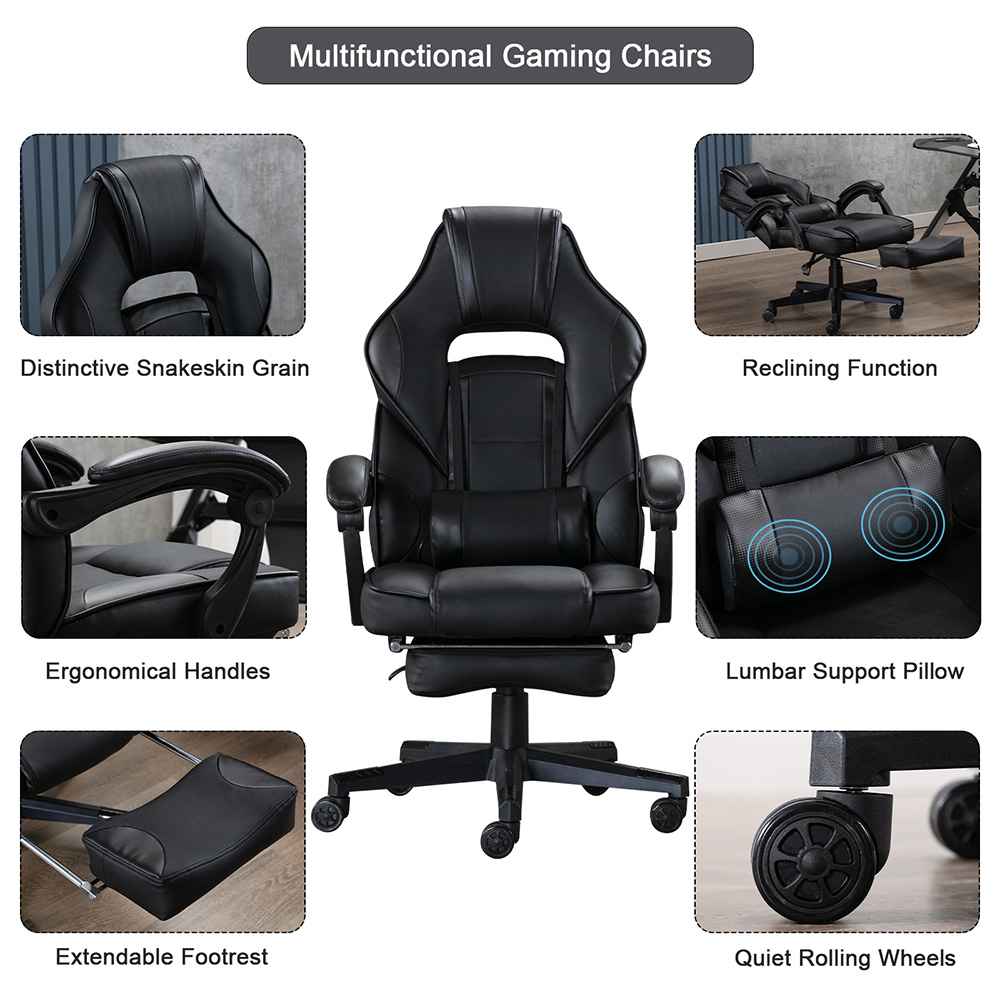 Home Office PU Leather Rotatable Massage Gaming Chair Height Adjustable with Ergonomic High Backrest and Casters - Black