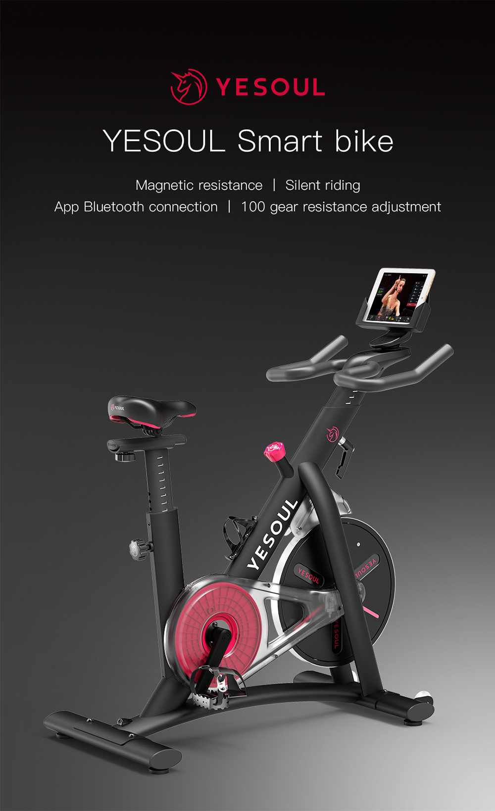Yesoul S3 Entraînement par courroie Spinning Bike Cyclisme Exercice Fitness Bike Hauteur réglable pour l'application d'entraînement en intérieur Support Ios Android - Noir