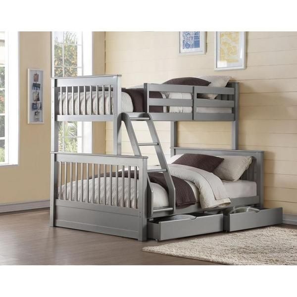ACME Harley Twin-Over-Full Size Bunk Bed Frame with 2 Storage Drawers, and Wooden Slats Support, No Spring Box Required (Frame Only) - Gray
