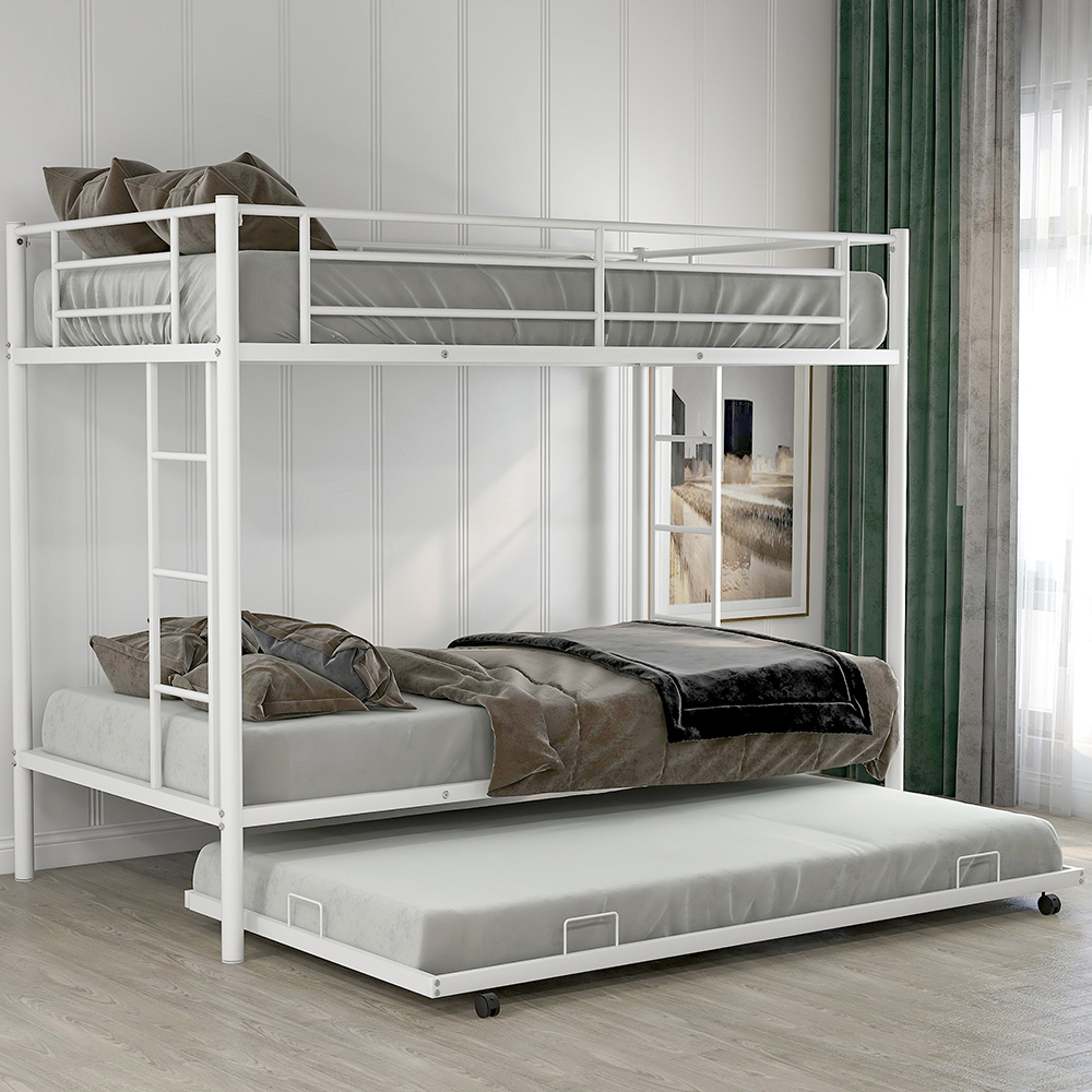 Twin-Over-Twin Size Bunk Bed Frame with Trundle Bed, Ladder, and Metal Slats Support, No Spring Box Required (Frame Only) - White