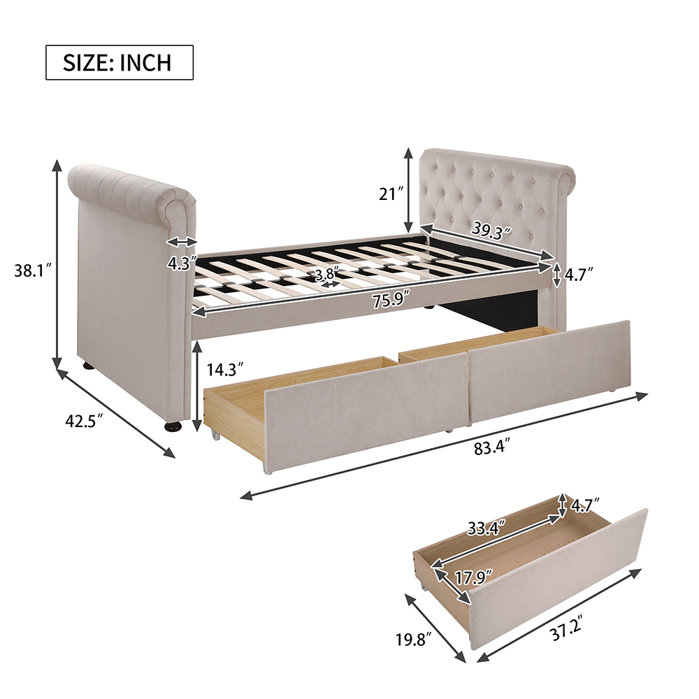 Twin Size Upholstered Daybed Frame with 2 Storage Drawers Beige