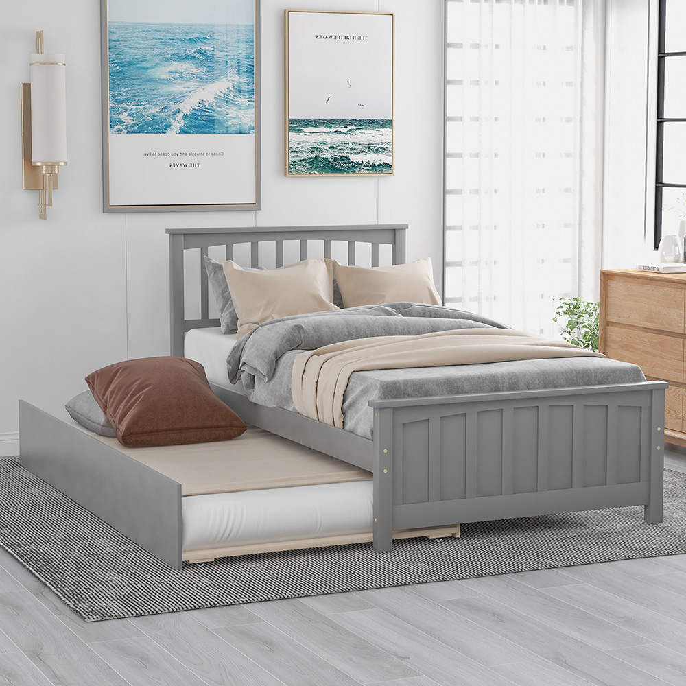 Twin-Size Platform Bed Frame with Trundle Bed, Headboard and Wooden Slats Support, No Box Spring Needed (Only Frame) - Gray