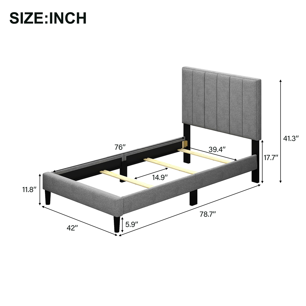 Twin-Size Upholstered Platform Bed Frame with Headboard and Wooden Slats Support, Box Spring Needed (Only Frame) - Gray