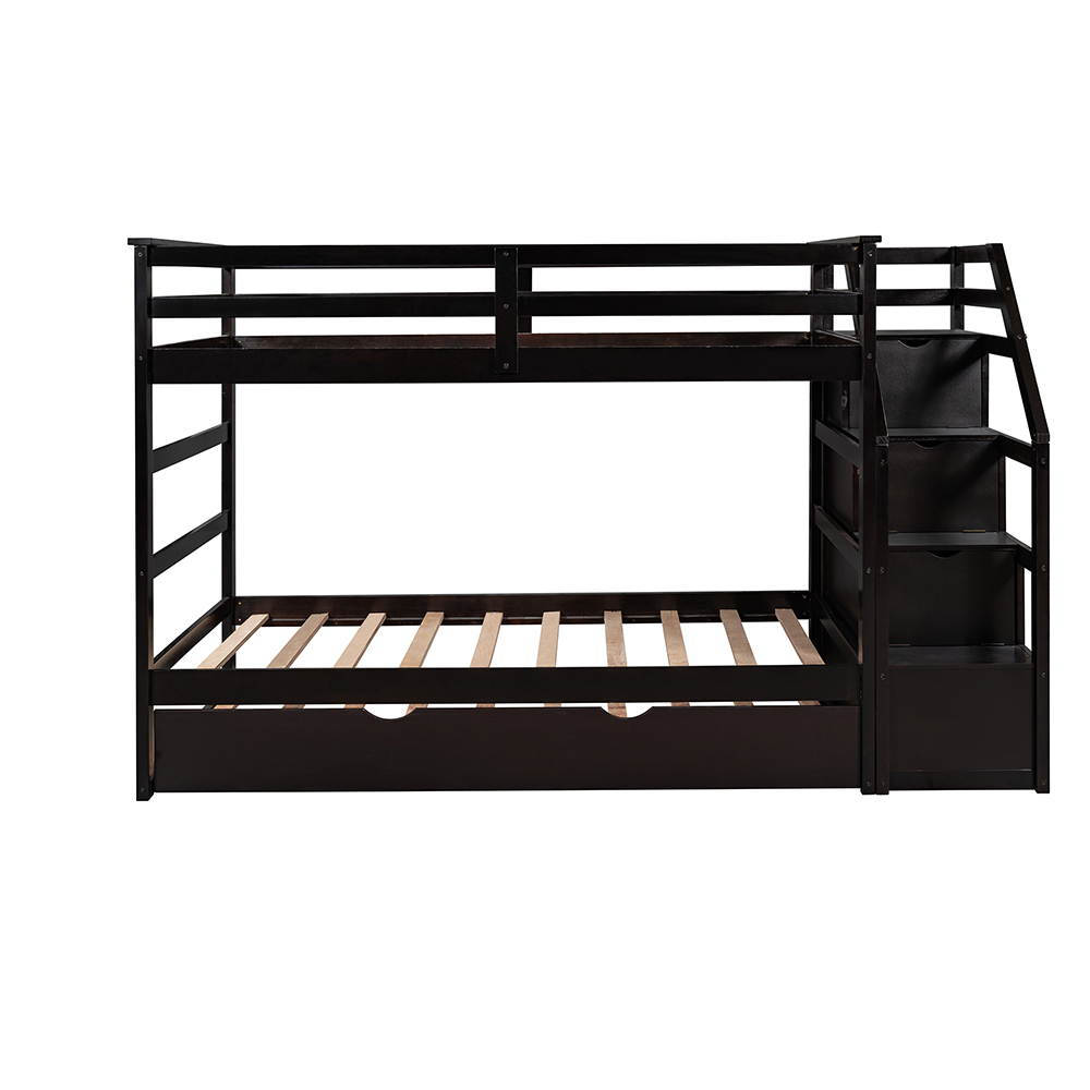 Twin-Over-Twin Size Bunk Bed Frame with Trundle Bed, 3 Storage Stairs, and Wooden Slats Support, No Spring Box Required (Frame Only) - Espresso